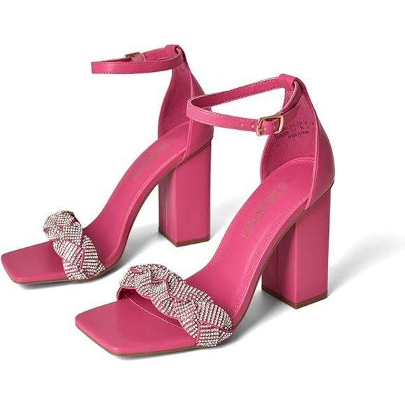 Women's Heels for Women Braided Open Toe Ankle Strap High Block Chunky Heels - Picture 4 of 6